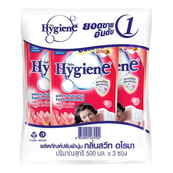008 ไฮยีน น้ํายาปรับผ้านุ่ม สูตรมาตรฐาน กลิ่น สวีท อโรมา แดง 500 มล. x 3
