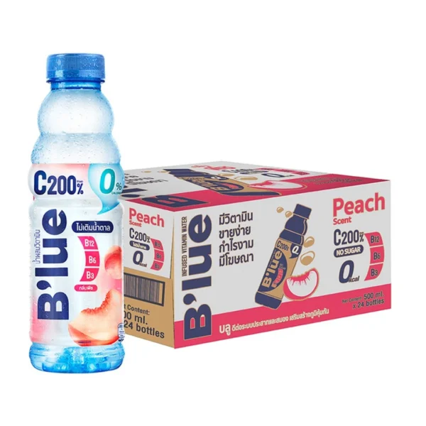 [ยกลัง] B'lue บลู น้ำผสมวิตามินซี 200% บี3 บี6 บี12 กลิ่นพีชสูตรไม่มีน้ำตาล (Vitamin Water - Zero Peach) 500 ml. 24 ขวด