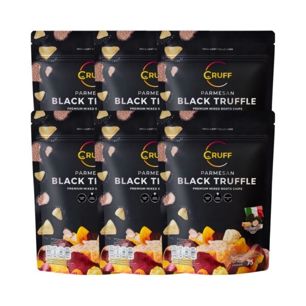 makro-snack-0208 CRUFF ครัฟ มันหลากสีทอดอบกรอบ รสพาร์เมซานแบล็คทรัฟเฟิล 75ก. x6