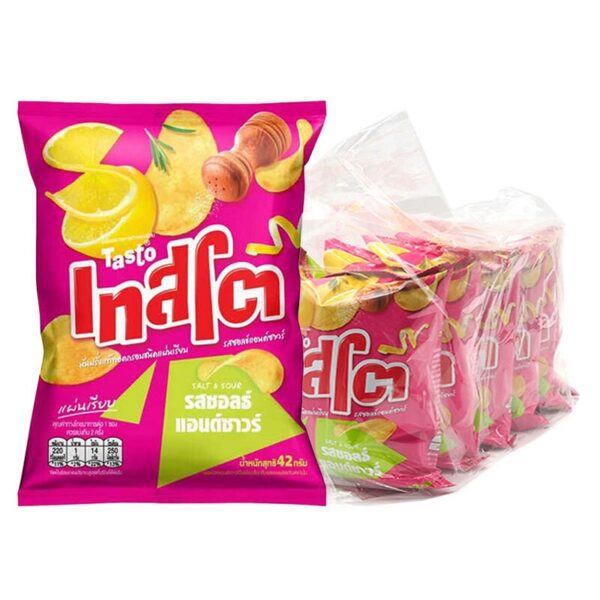 makro-snack-0231 เทสโต มันฝรั่งทอดกรอบแผ่นเรียบ รสซอลท์แอนด์ซาวร์ 42 ก. x 6