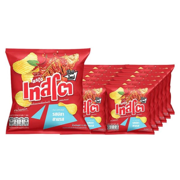 makro-snack-0235 เทสโต มันฝรั่งแผ่นหยัก รสปลาสามรส 11 ก. x 12