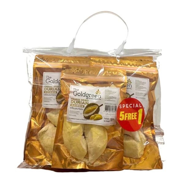 makro-snack-0251 เดอะโกลด์กรีน ทุเรียนอบกรอบ (แบบพู) 15 ก. (5+1 แพ็ค)