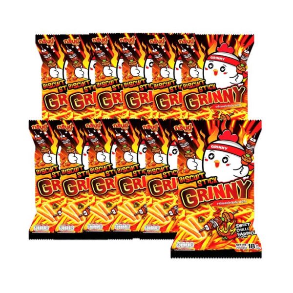 makro-snack-0419 กรินนี่ ขนมขาไก่ รสสวีทชิลลี่บาร์บีคิว 18g (แพ็ค 12 ซอง)