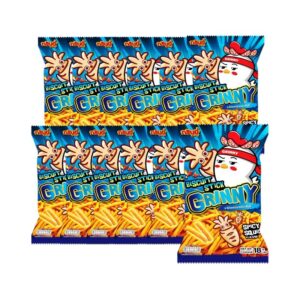 makro-snack-0422 กรินนี่ ขนมขาไก่ รสปลาหมึกสไปซี่ 18g (แพ็ค 12 ซอง)