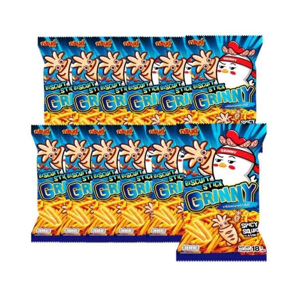 กรินนี่ ขนมขาไก่ รสปลาหมึกสไปซี่ 18g (แพ็ค 12 ซอง)