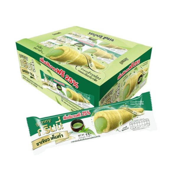 makro-snack-0424 กรินนี่ รสชาเขียว เคลือบชาเขียว 15g (กล่อง 12 ชิ้น)