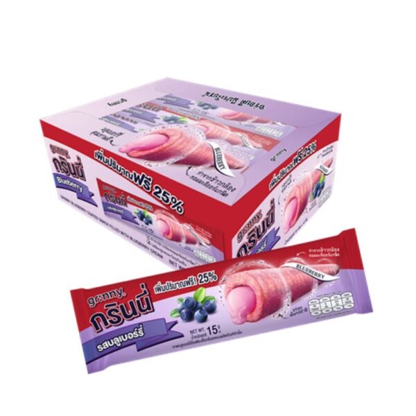 makro-snack-0443 กรินนี่ รสบลูเบอร์รี่ เคลือบบลูเบอร์รี่ 15g (กล่อง 12 ชิ้น)