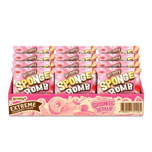 makro-snack-0444 กรินนี่ ขนมสปองบอมบ์อบกรอบ รสเอ็กซ์ตรีมสตรอเบอร์รี่ 15g (แพ็ค 12 ชิ้น)