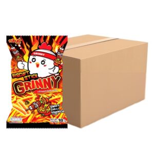 makro-snack-0469 กรินนี่ ขนมขาไก่ รสสวีทชิลลี่บาร์บีคิว 18g (ยกลัง 144 ซอง)