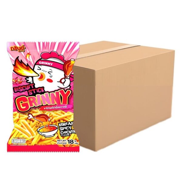 makro-snack-0474 กรินนี่ ขนมขาไก่ รสไก่เผ็ดเกาหลี 18g (ยกลัง 144 ซอง)