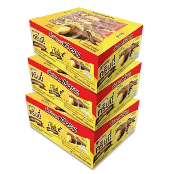 makro-snack-0477 กรินนี่ รสกล้วย เคลือบช็อกโกแลต 15g (กล่อง 12 ชิ้น) x3