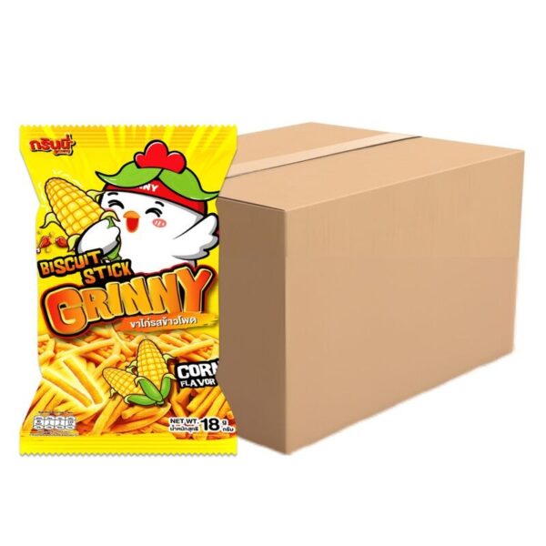 makro-snack-0493 กรินนี่ ขนมขาไก่ รสข้าวโพด 18g (ยกลัง 144 ซอง)