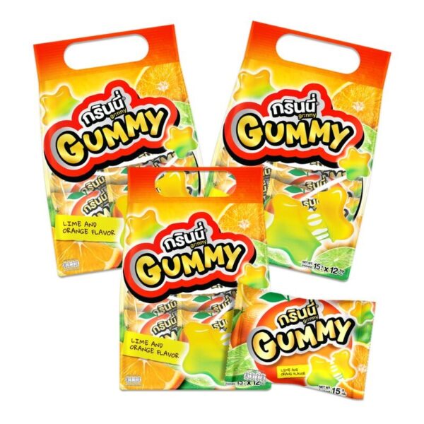 makro-snack-0505 กรินนี่ วุ้นเพคตินรูปดาว กลิ่นส้มและมะนาว 15g (แพ็ค 12 ชิ้น) x3
