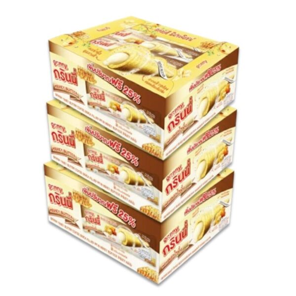 makro-snack-0516 กรินนี่ รสฮันนี่บัตเตอร์ เคลือบรสฮันนี่บัตเตอร์ 15g (กล่อง 12 ชิ้น) x3