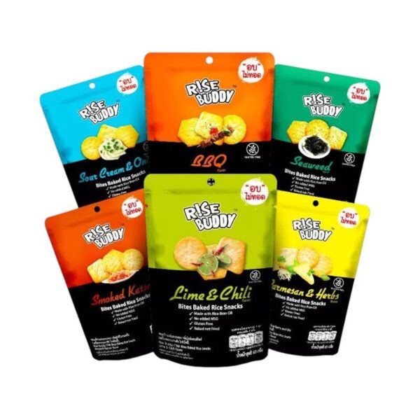 ขนมข้าวอบกรอบ เพื่อสุขภาพ อร่อย มี อย และ ฮาลาล RISE BUDDY มี 6 รสชาติ (แพ็ค 6 ซอง)