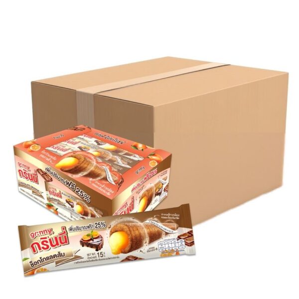 makro-snack-0538 กรินนี่ รสส้ม เคลือบช็อกโกแลต 15g (กล่อง 12 ชิ้น) x12
