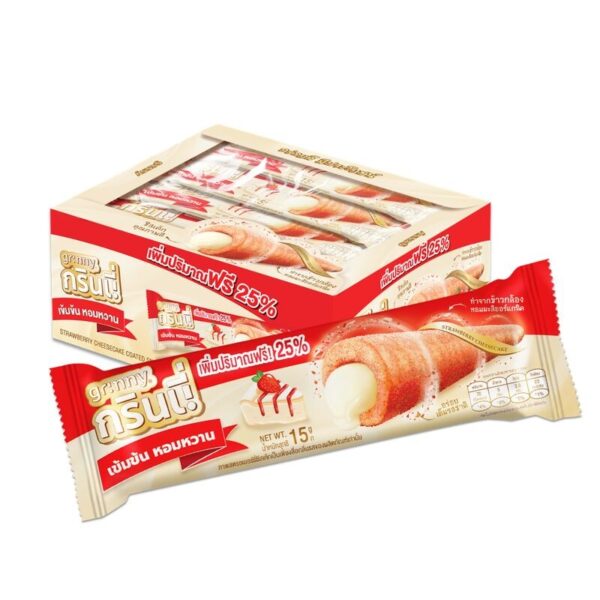 makro-snack-0545 กรินนี่ รสสตรอเบอร์รี่ ชีสเค้ก 15g (กล่อง 12 ชิ้น)