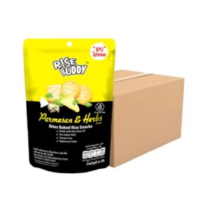 makro-snack-0597 ขนมข้าวแผ่นอบกรอบเพื่อสุขภาพ อร่อย มี อย และฮาลาล RISE BUDDY กลิ่นพาร์เมซาน แอนด์ เฮิร์บ (ลัง 24 ซอง)