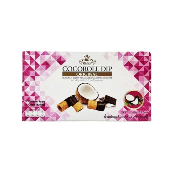 makro-snack-0616 เวอร์จิ้นโคโค่ ทองม้วนรสต้นตํารับชุบช็อกโกแลต 60 กรัม (VIRGINCOCO Coconut Crispy Roll Original Dip Chocolate 60 g.)