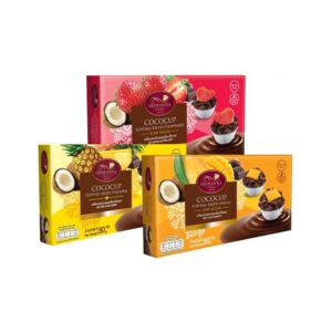 makro-snack-0624 ศรีวรรณา Set เกล็ดทองม้วนหน้าผลไม้ 80 กรัม แพ็ค 3 SRIWANNA COCOCUP Crispy Chocolate Coconut Cup Topping Fruit 80 G. Pack 3