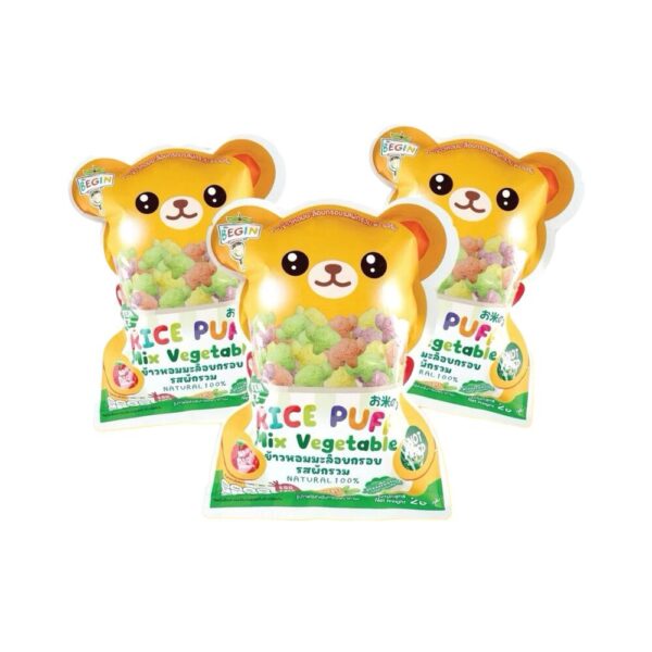 Begin Baby Rice Puff ผสมผักผลไม้ชีส (แบบถุงรูปการ์ตูนสุดคิวท์) ขนมเด็กออแกนิค อาหารเด็ก ของเล่นเด็ก รสผักรวม x3