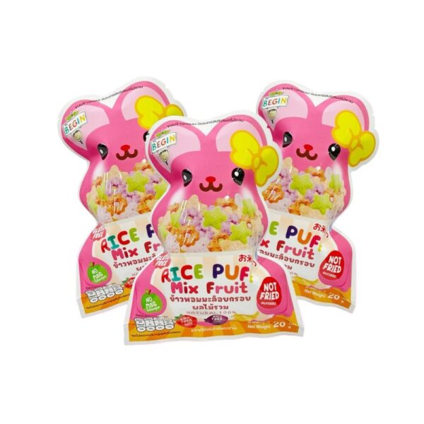 makro-snack-0631 Begin Baby Rice Puff ผสมผักผลไม้ชีส (แบบถุงรูปการ์ตูนสุดคิวท์) ขนมเด็กออแกนิค อาหารเด็ก ของเล่นเด็ก รสผัลไมม้รวม x3