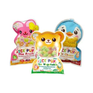 makro-snack-0632 Begin Baby Rice Puff ผสมผักผลไม้ชีส (แบบถุงรูปการ์ตูนสุดคิวท์) ขนมเด็กออแกนิค อาหารเด็ก ของเล่นเด็ก คละรส x3 ซอง