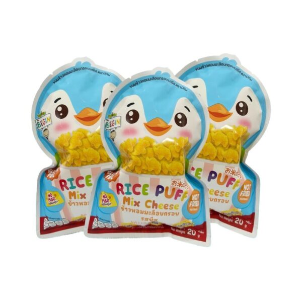 makro-snack-0635 Begin Baby Rice Puff ผสมผักผลไม้ชีส (แบบถุงรูปการ์ตูนสุดคิวท์) ขนมเด็กออแกนิค อาหารเด็ก ของเล่นเด็ก รสชีส x3