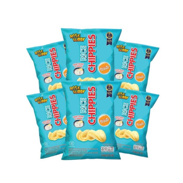 makro-snack-0641 ขนมข้าวแผ่นอบกรอบเพื่อสุขภาพ อร่อย มี อย และฮาลาล RICE CHIPPIES รสซาวครีมและหัวหอม (แพ๊ค 6 ซอง)