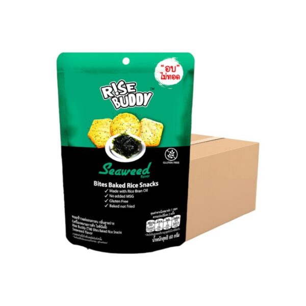 makro-snack-0643 ขนมข้าวแผ่นอบกรอบเพื่อสุขภาพ อร่อย มี อย และฮาลาล RISE BUDDY กลิ่นสาหร่าย (ลัง 24 ซอง)