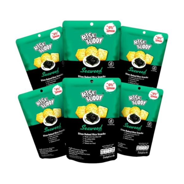 makro-snack-0649 ขนมข้าวแผ่นอบกรอบเพื่อสุขภาพ อร่อย มี อย และฮาลาล RISE BUDDY กลิ่นสาหร่าย (แพ็ก 6 ซอง)