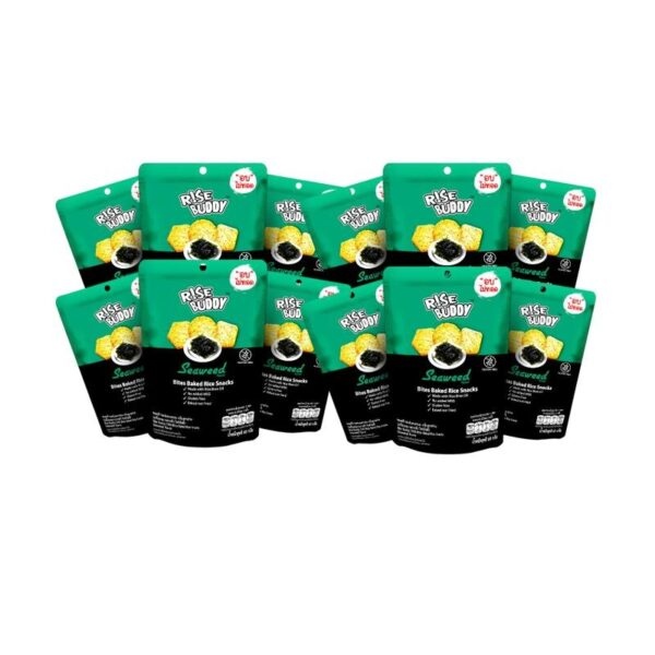 ขนมข้าวแผ่นอบกรอบเพื่อสุขภาพ อร่อย มี อย และฮาลาล RISE BUDDY กลิ่นสาหร่าย  (แพ็ค 12 ซอง)