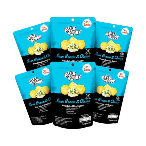 ขนมข้าวแผ่นอบกรอบเพื่อสุขภาพ มี อย และฮาลาล RISE BUDDY กลิ่นซาวครีมและหัวหอม (แพ็ค 6 ซอง)