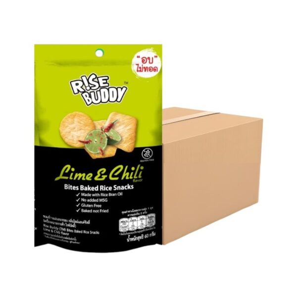 makro-snack-0665 ขนมข้าวแผ่นอบกรอบเพื่อสุขภาพ อร่อย มี อย และฮาลาล RISE BUDDY กลิ่นไลม์แอนด์ชิลลี่ (ลัง 24 ซอง)