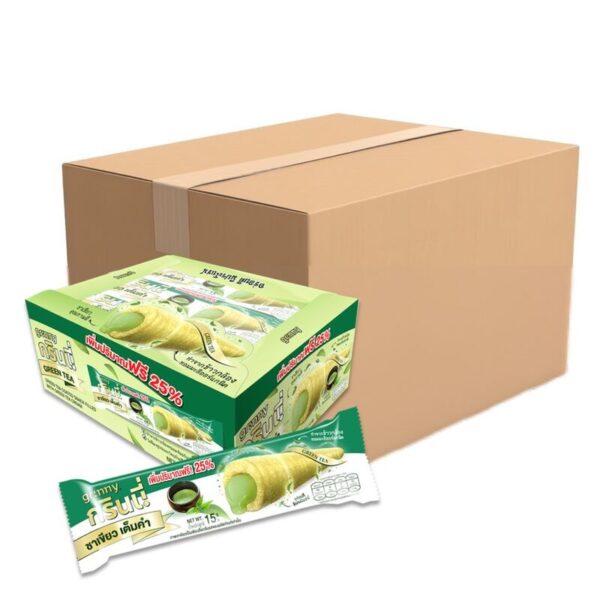 makro-snack-0673 กรินนี่ รสชาเขียว เคลือบชาเขียว 15g (กล่อง 12 ชิ้น) x12
