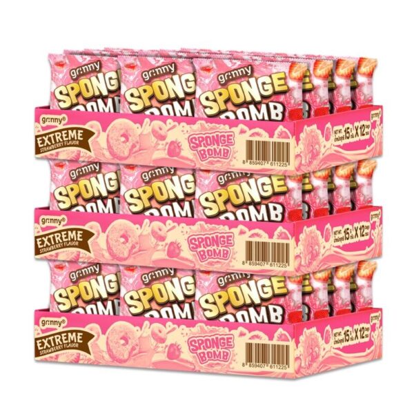 makro-snack-0699 กรินนี่ ขนมสปองบอมบ์อบกรอบ รสเอ็กซ์ตรีมสตรอเบอร์รี่ 15g (กล่อง 12 ชิ้น) x3