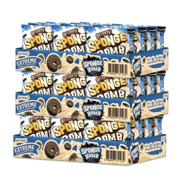 makro-snack-0711 กรินนี่ ขนมสปองบอมบ์อบกรอบรสเอ็กซ์ตรีมคุกกี้แอนด์ครีม 15g (กล่อง 12 ชิ้น) x3