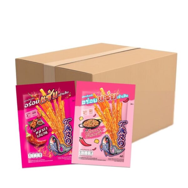 makro-snack-0723 ทาโร เส้นชุบน้ําจิ้ม รวมรสหม่าล่าเสฉวน และคาโบนาร่า เผ็ดเกาหลี (ยกกล่อง 24 ซอง)