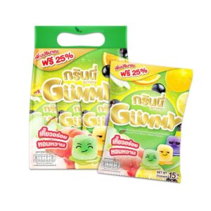 makro-snack-0740 กรินนี่ ขนมเยลลี่เจลาตินสําเร็จรูป กลิ่นผลไม้ทรอปิคคอลฟรุต 15g (แพ็ค 12 ชิ้น)