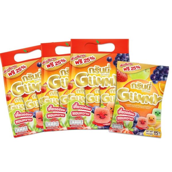 makro-snack-0750 กรินนี่ ขนมเยลลี่เจลาตินสําเร็จรูปผสมน้ําผลไม้รวม 15g (แพ็ค 12 ชิ้น) x3