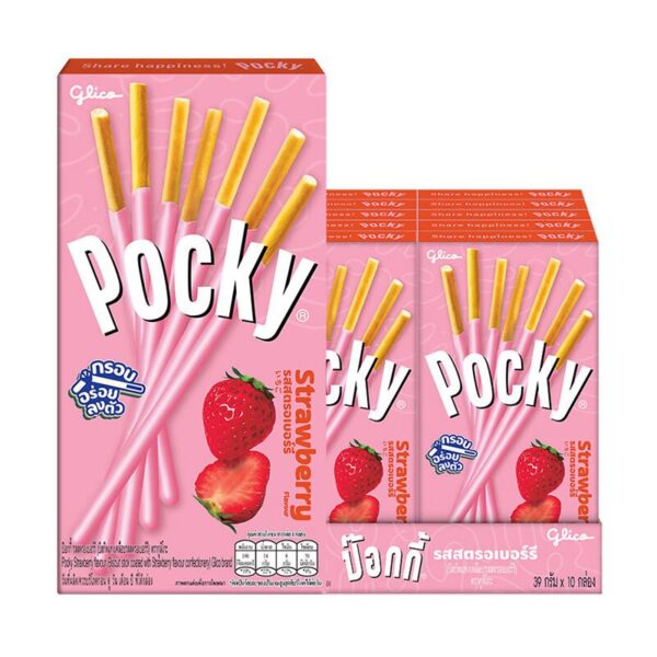 makro-snack-1132 กูลิโกะ ป๊อกกี้ บิสกิตแท่งเคลือบรสสตรอเบอรี่ 39 ก. x 10