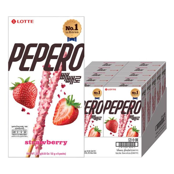 makro-snack-1311 ลอตเต้ เปปเปอโร บิสกิตแท่ง รสสตรอเบอร์รี่ 32 ก. x 8