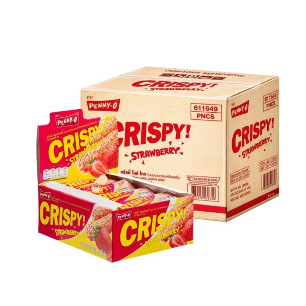 makro-snack-1336 เพนนีโอ คริสปี้ ขนมอบกรอบเคลือบครีมผสมโอ๊ต ยกลัง กลิ่นสตอร์เบอร์รี่ 12 กรัม 12 ชิ้น x 24