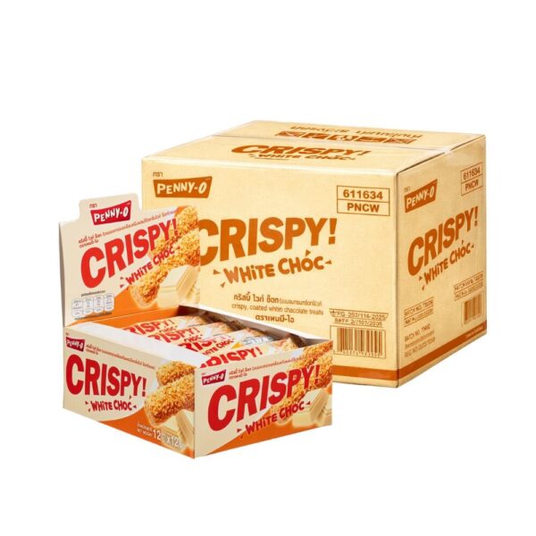 makro-snack-1338 เพนนีโอ คริสปี้ ขนมอบกรอบเคลือบครีมผสมโอ๊ต ยกลัง กลิ่นไวท์ช็อกโกแลต 12 กรัม 12 ชิ้น x 24