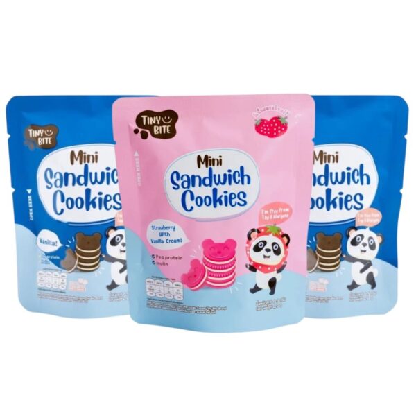 Tiny Bite Mini sandwich cookies มินิคุกกี้ ขนมสําหรับเด็กแพ้ เด็กแพ้อาหารทานได้ ช็อกโกแลต 2 ซอง สตรอว์เบอร์รี่ 1 ซอง