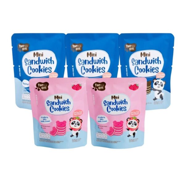 makro-snack-1347 Tiny Bite Mini sandwich cookies มินิคุกกี้ ขนมสําหรับเด็กแพ้ เด็กแพ้อาหารทานได้ ช็อกโกแลต 3 ซอง สตรอว์เบอร์รี่ 2 ซอง