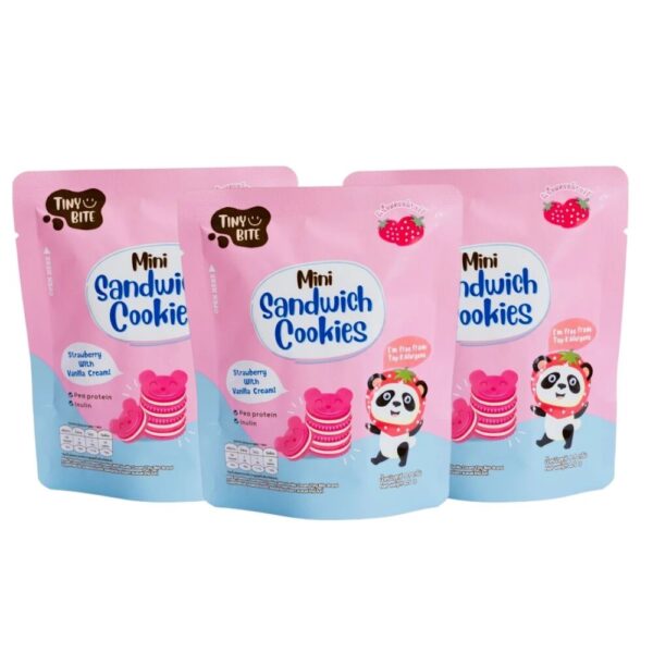 makro-snack-1348 Tiny Bite Mini sandwich cookies มินิคุกกี้ ขนมสําหรับเด็กแพ้ เด็กแพ้อาหารทานได้ สตรอว์เบอร์รี่ 3 ซอง