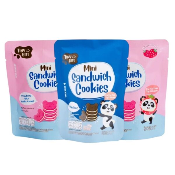 Tiny Bite Mini sandwich cookies มินิคุกกี้ ขนมสําหรับเด็กแพ้ เด็กแพ้อาหารทานได้ สตรอว์เบอร์รี่ 2 ซอง ช็อกโกแลต 1 ซอง