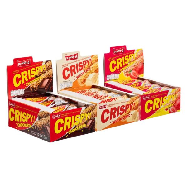 makro-snack-1442 เพนนีโอ คริสปี้ ขนมอบกรอบเคลือบครีมผสมโอ๊ต กลิ่นช็อกโกแลต กลิ่นไวท์ช็อกโกแลต กลิ่นสตอร์เบอร์รี่ 12 กรัม 12 ชิ้น x 3