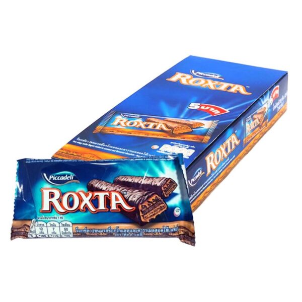 makro-snack-1455 ร็อกซ์ตา ขนมรสช็อกโกแลตสอดไส้คาราเมลและเวเฟอร์ 20 ก. x 12